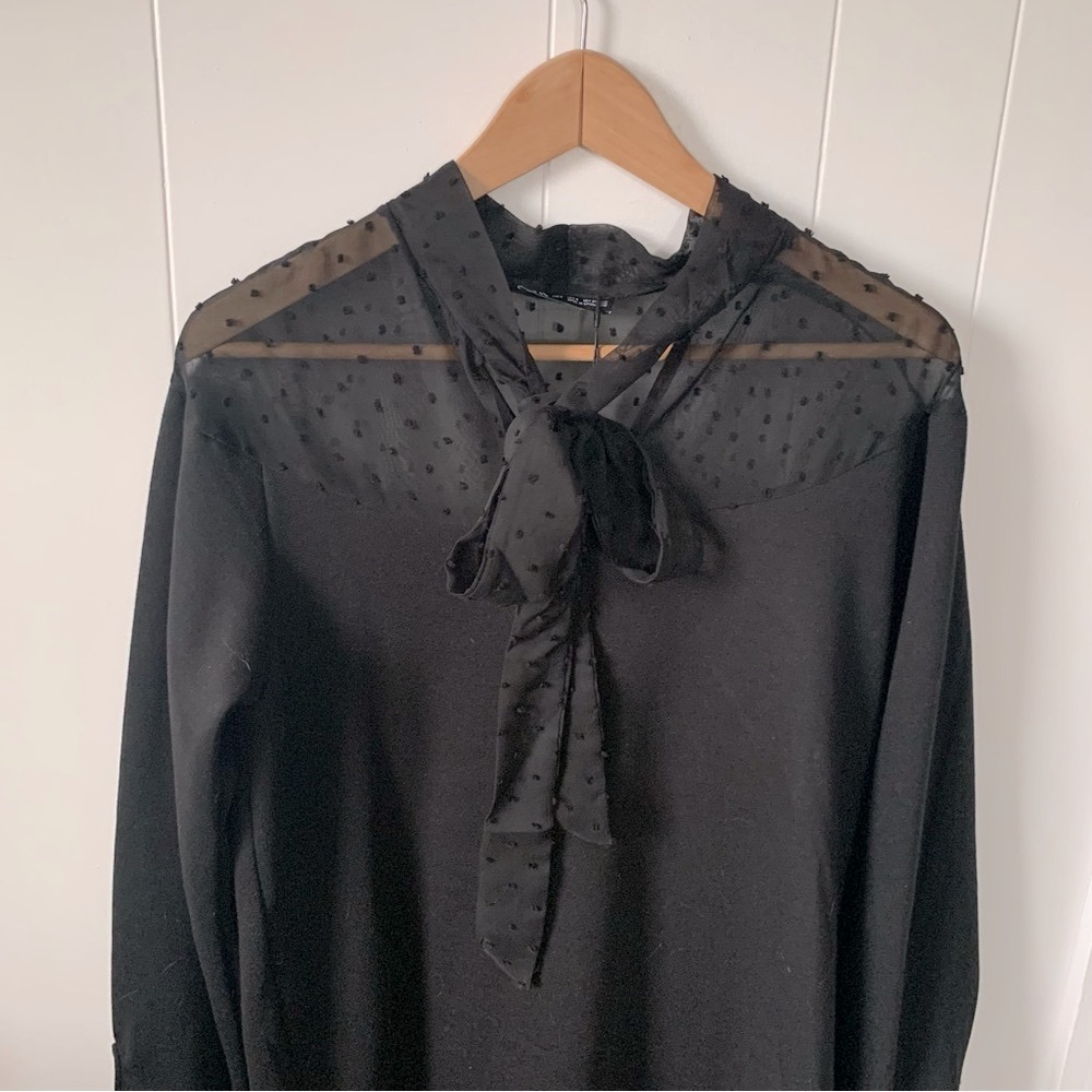 Zara black sweater dress tie front sheer dot NWT